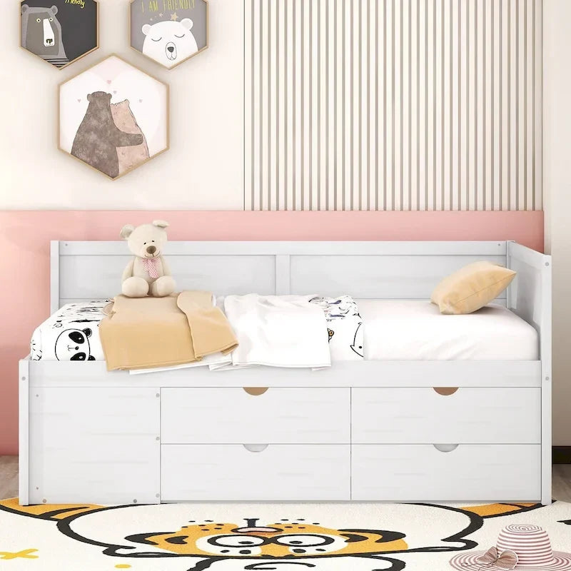 Lit banquette avec tiroirs de rangement et étagères bibliothèques, lit de coin capitaine pour enfants garçons filles adultes