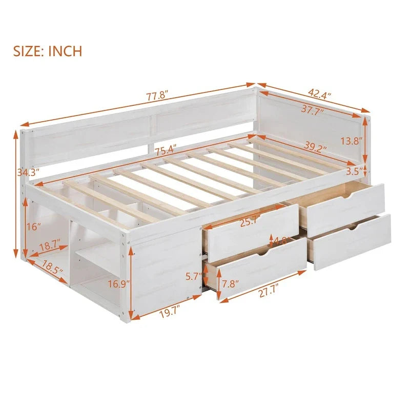 Lit banquette avec tiroirs de rangement et étagères bibliothèques, lit de coin capitaine pour enfants garçons filles adultes