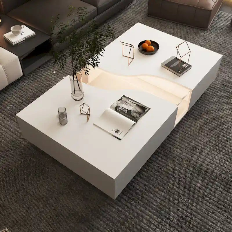 Table basse blanche à double tiroir avec plateau d'affichage à LED