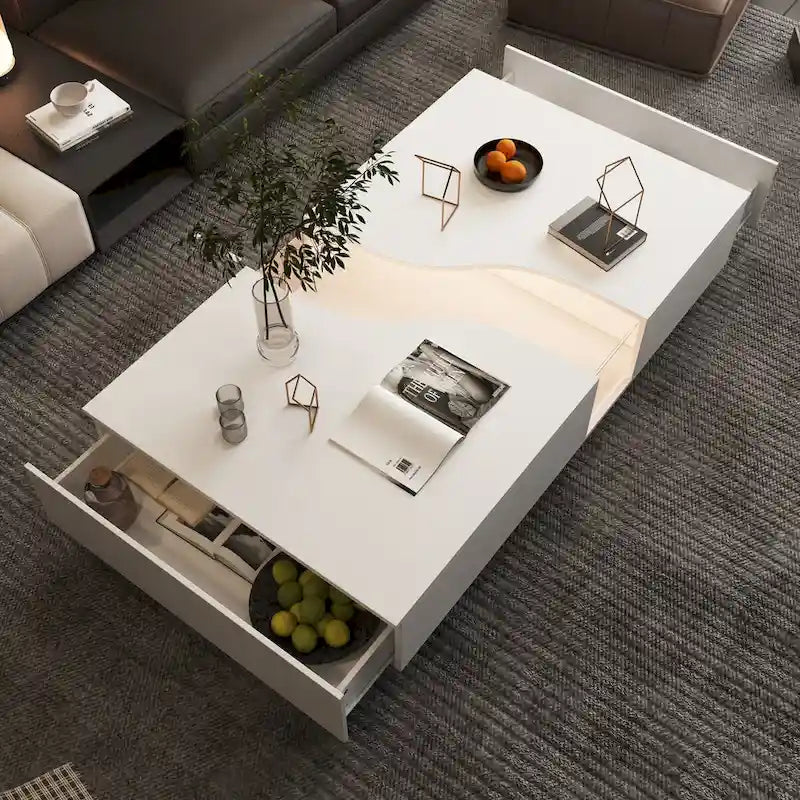 Table basse blanche à double tiroir avec plateau d'affichage à LED