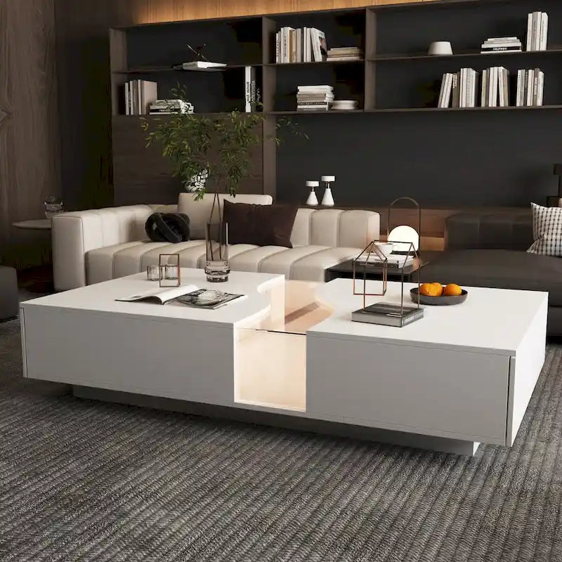 Table basse blanche à double tiroir avec plateau d'affichage à LED