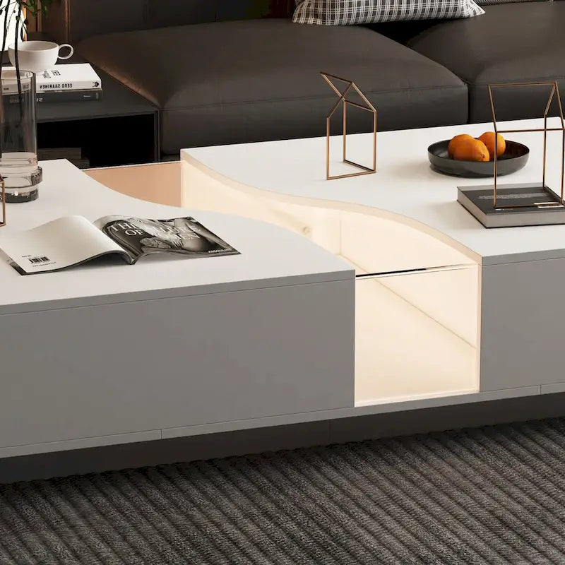 Table basse blanche à double tiroir avec plateau d'affichage à LED
