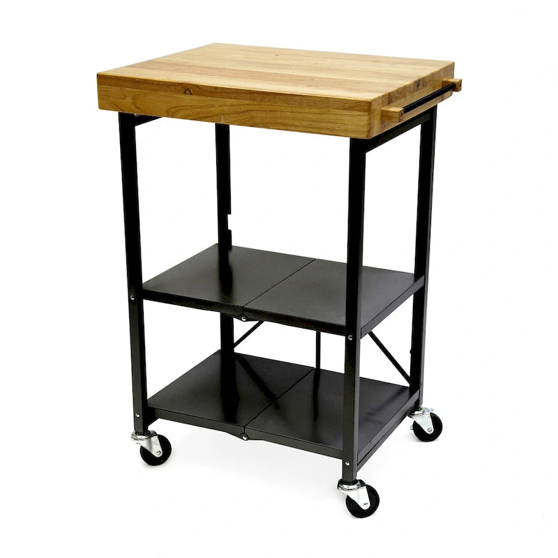 Desserte de cuisine îlot portable pliable à roulettes avec plateau en bois massif, argenté