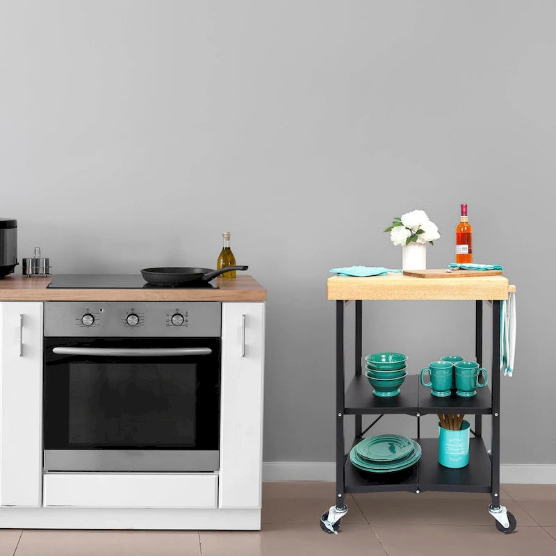 Desserte de cuisine îlot portable pliable à roulettes avec plateau en bois massif, argenté