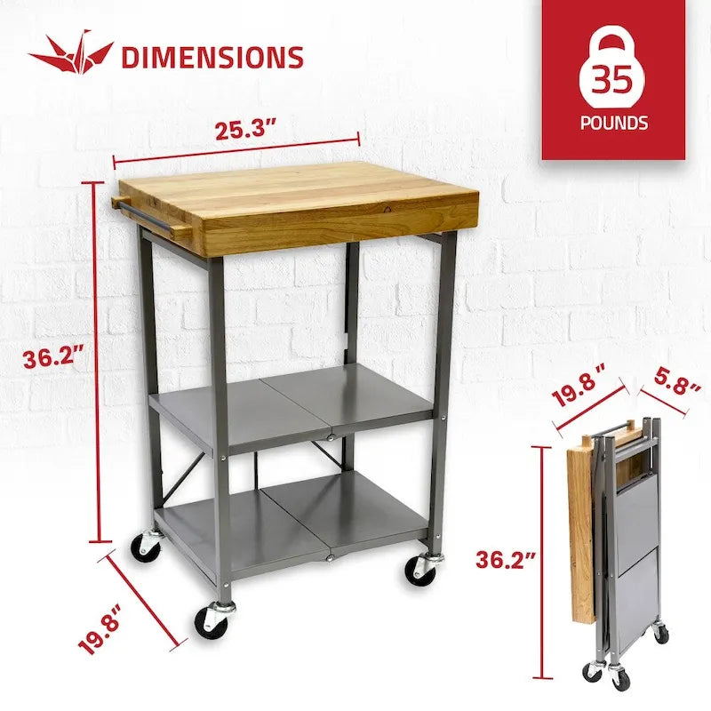 Desserte de cuisine îlot portable pliable à roulettes avec plateau en bois massif, argenté
