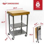 Desserte de cuisine îlot portable pliable à roulettes avec plateau en bois massif, argenté