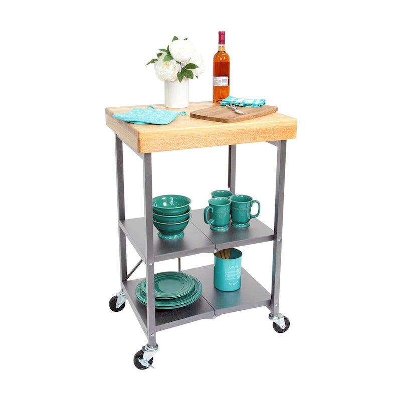 Desserte de cuisine îlot portable pliable à roulettes avec plateau en bois massif, argenté