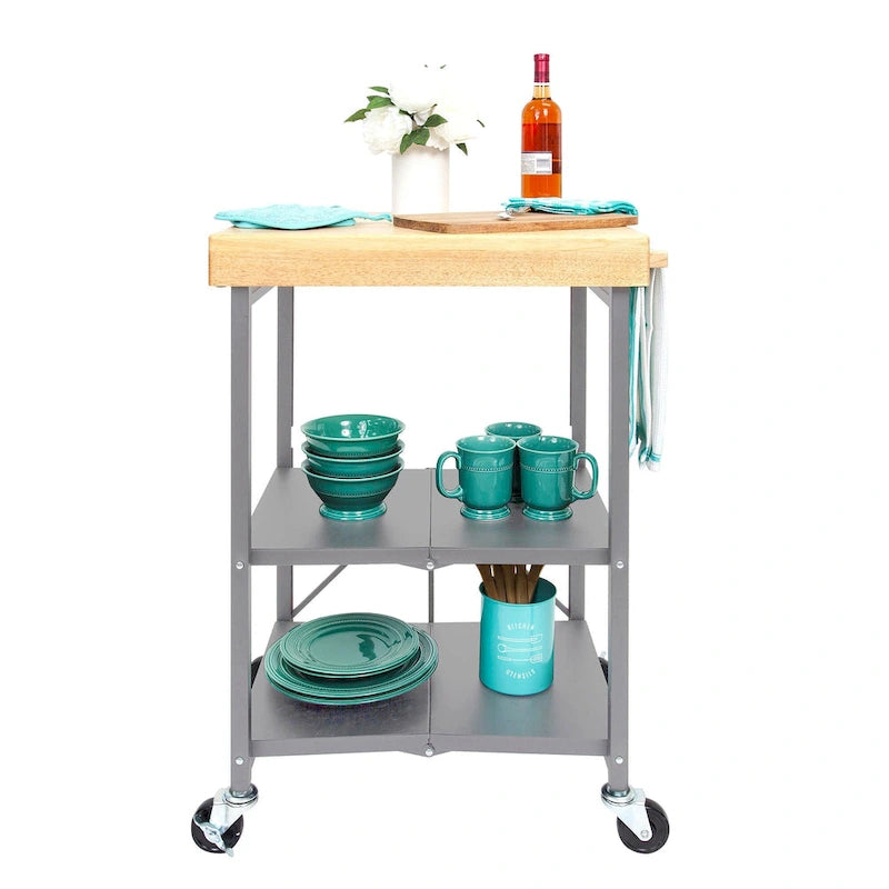 Desserte de cuisine îlot portable pliable à roulettes avec plateau en bois massif, argenté
