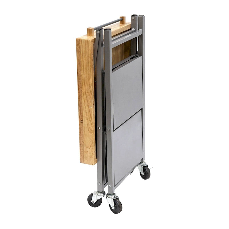 Desserte de cuisine îlot portable pliable à roulettes avec plateau en bois massif, argenté