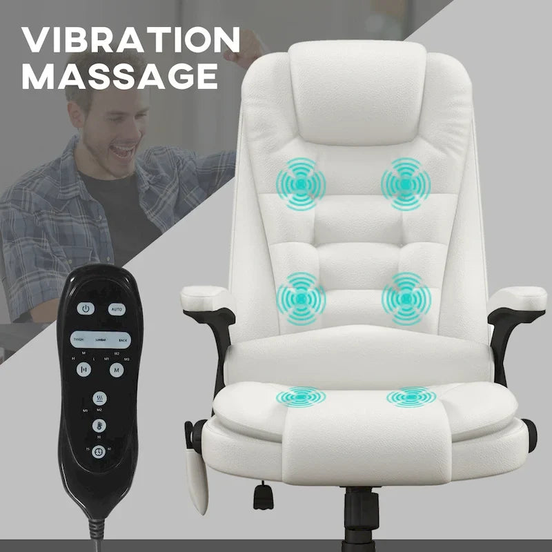 Chaise de bureau de massage vibrant à dossier haut avec 6 points de vibration, fauteuil d'ordinateur inclinable et chauffant avec accoudoir et télécommande